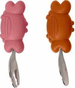 JU&MP Kinderbestek Krab - Baby - 2 Baby Lepeltjes En Vorkjes - Baby Bestek - BPA-Vrij - Roze Oranje