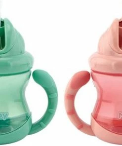 Nûby - Flip-It Antilekbeker Met Handvatten - 2-pack - Roze & Groen - 240ml - 12m+