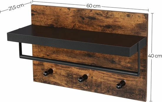 IN-HOMEXL IN-HOME - Industrieel Kapstok Met Hoedenplank - Wandkapstok In Metaal / Hout - 60 X 21.5 X 40 Cm - Bruin / Zwart 8 IN-HOMEXL IN-HOME - Industrieel Kapstok Met Hoedenplank - Wandkapstok In Metaal / Hout - 60 X 21.5 X 40 Cm - Bruin / Zwart - Afbeelding 6
