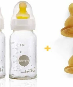 HEVEA Glazen Drinkfles | Flessen Met Extra Fles Spenen Slow Flow 0-3 Mnd |120 Ml