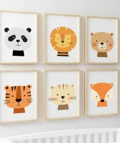 Happy Walls Set Van 6 Dieren Babykamer Posters - A4 20x30cm - Wit