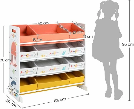 SONGMICS Speelgoedplank, Kinderkamerplank Met 12 Stoffen Dozen, Voor Boeken En Speelgoed, Speelgoedorganizer, Kinderkamer, Voor Kinderen, Multifunctioneel, Wit GKRS04WT 7 SONGMICS Speelgoedplank, Kinderkamerplank Met 12 Stoffen Dozen, Voor Boeken En Speelgoed, Speelgoedorganizer, Kinderkamer, Voor Kinderen, Multifunctioneel, Wit GKRS04WT - Afbeelding 5