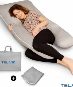 Telano Zwangerschapskussen 100% Katoen XXL | Extra Hoes En Opbergtas | 100% Katoenen Hoes | 2500 Gram Vulling| Voedingskussen | U Vorm | Extra Groot | Zijslaapkussen | Grijs