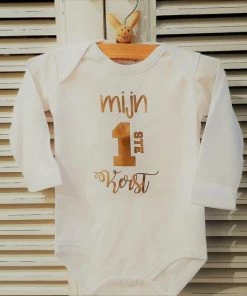 Merkloos Rompertje Baby Met Tekst Baby Rompertje Mijn Eerste 1ste Kerst | Lange Mouw | Wit Goud| Maat 62/68 Cadeautje Zwangerschap Aankondigen Eerste Kerstmis Kleding Kerst Kerstkleding Kerstpakje Aankondiging Bekendmaking Zwangerschap Cadeau