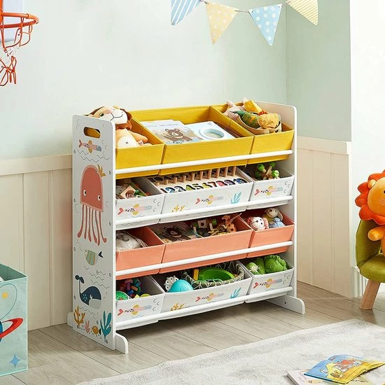 SONGMICS Speelgoedplank, Kinderkamerplank Met 12 Stoffen Dozen, Voor Boeken En Speelgoed, Speelgoedorganizer, Kinderkamer, Voor Kinderen, Multifunctioneel, Wit GKRS04WT 4 SONGMICS Speelgoedplank, Kinderkamerplank Met 12 Stoffen Dozen, Voor Boeken En Speelgoed, Speelgoedorganizer, Kinderkamer, Voor Kinderen, Multifunctioneel, Wit GKRS04WT - Afbeelding 2