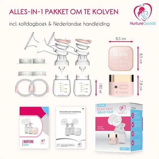 NurtureGoods Smart Dubbele Elektrische Borstkolf - Inclusief 2x180 Ml Babyfles, Kolfdagboek En Speen 11 NurtureGoods Smart Dubbele Elektrische Borstkolf - Inclusief 2x180 Ml Babyfles, Kolfdagboek En Speen - Afbeelding 9