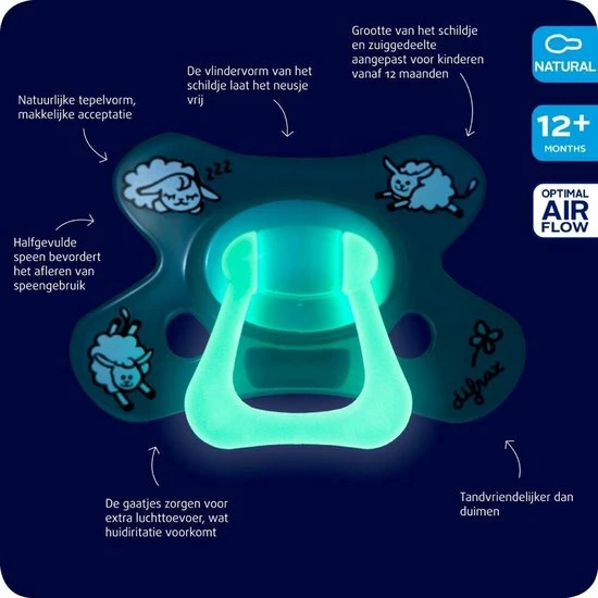 Difrax Fopspeen 12+ Maanden Natural Speen - Glow In The Dark - 1 Stuk 5 Difrax Fopspeen 12+ Maanden Natural Speen - Glow In The Dark - 1 Stuk - Afbeelding 3