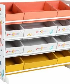 SONGMICS Speelgoedplank, Kinderkamerplank Met 12 Stoffen Dozen, Voor Boeken En Speelgoed, Speelgoedorganizer, Kinderkamer, Voor Kinderen, Multifunctioneel, Wit GKRS04WT