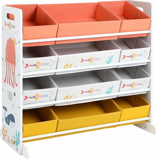 SONGMICS Speelgoedplank, Kinderkamerplank Met 12 Stoffen Dozen, Voor Boeken En Speelgoed, Speelgoedorganizer, Kinderkamer, Voor Kinderen, Multifunctioneel, Wit GKRS04WT 3 SONGMICS Speelgoedplank, Kinderkamerplank Met 12 Stoffen Dozen, Voor Boeken En Speelgoed, Speelgoedorganizer, Kinderkamer, Voor Kinderen, Multifunctioneel, Wit GKRS04WT