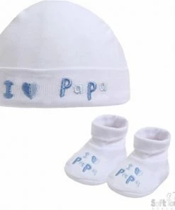 Softtouch Geschenkset - I Love Papa - Jongens Muts & Slofjes - Newborn - White & Blue - Maat 50/56
