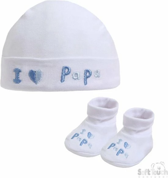 Softtouch Geschenkset - I Love Papa - Jongens Muts & Slofjes - Newborn - White & Blue - Maat 50/56 3 Softtouch Geschenkset - I Love Papa - Jongens Muts & Slofjes - Newborn - White & Blue - Maat 50/56