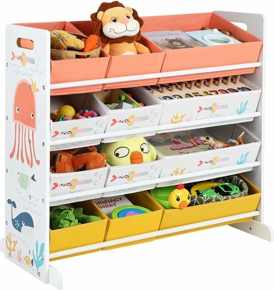 SONGMICS Speelgoedplank, Kinderkamerplank Met 12 Stoffen Dozen, Voor Boeken En Speelgoed, Speelgoedorganizer, Kinderkamer, Voor Kinderen, Multifunctioneel, Wit GKRS04WT 10 SONGMICS Speelgoedplank, Kinderkamerplank Met 12 Stoffen Dozen, Voor Boeken En Speelgoed, Speelgoedorganizer, Kinderkamer, Voor Kinderen, Multifunctioneel, Wit GKRS04WT - Afbeelding 8