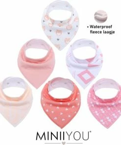 MINIIYOU Bandana Kwijlslabbetjes - Roze/Wit - 6 Stuks - Puntslabbetjes - Katoen