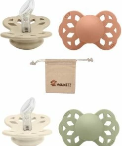 BIBS/Monkiezz Blisters Bibs Infinity Dental Fopspenen Anatomical 0-6 Maanden| Set 4 Stuks|Vanilla, Peach, Ivory, Sage| + Monkiezz Speenzakje| Orthodontisch| Anatomisch| Maat 1